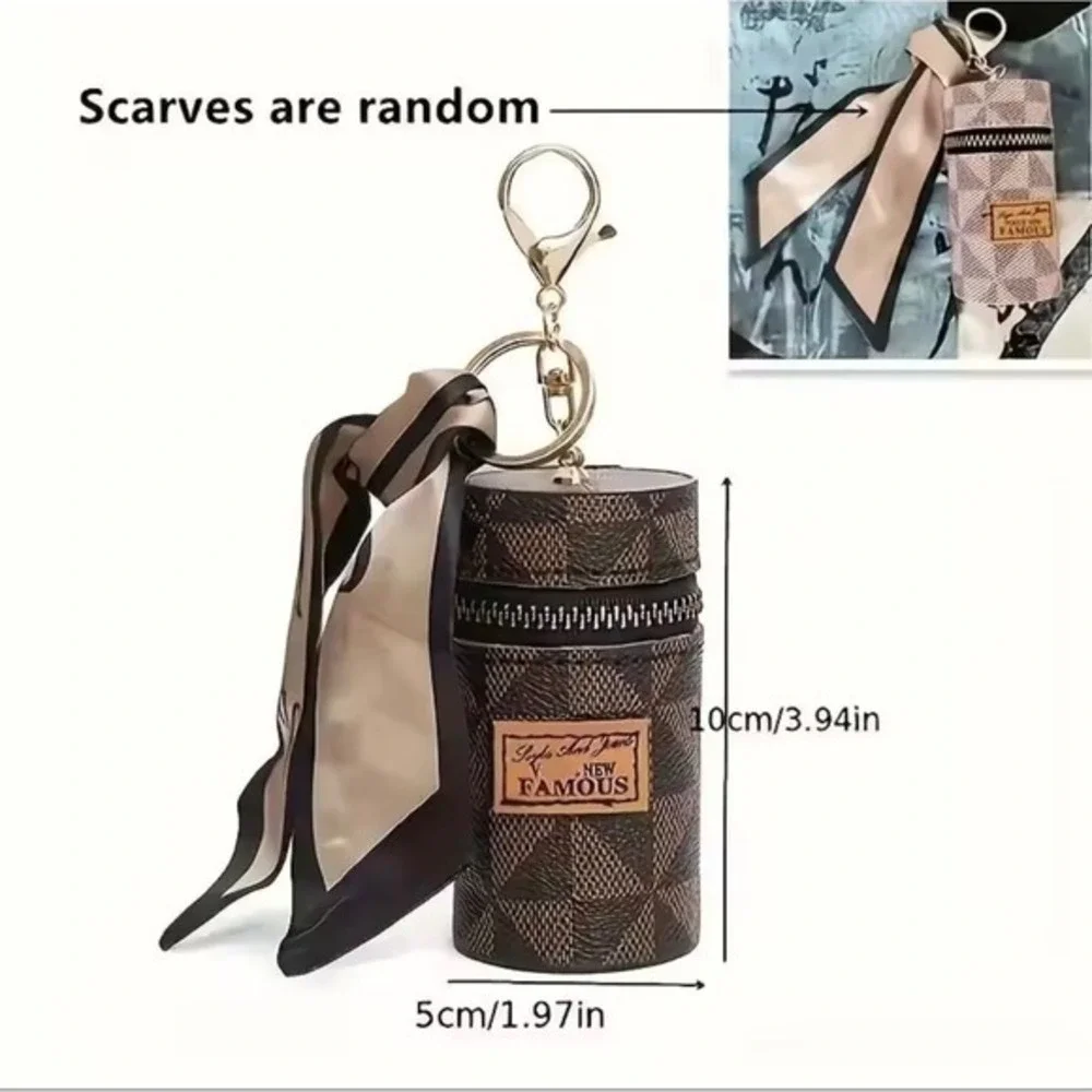 Checkered Cylinder Lipstick Holder Keychain Purse with Scarf Accent  Charm